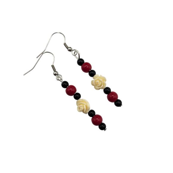Handmade Cream Carved Rose, Black Amethyst & Red Coral Dangle Earrings 2.5" - Picture 4 of 9